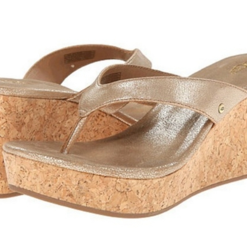 UGG Natassia Gold Wash Leather Cork Wedge Sandal